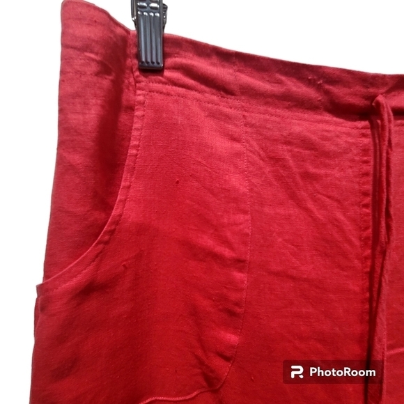 Large 100% Linen Red Maxi Skirt Tie String Stretchy Waist Pockets - Picture 4 of 6